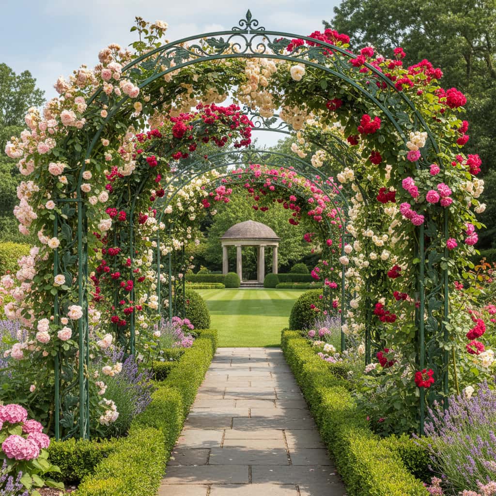 Romantische Gartengestaltung mit Rosen und Bögen